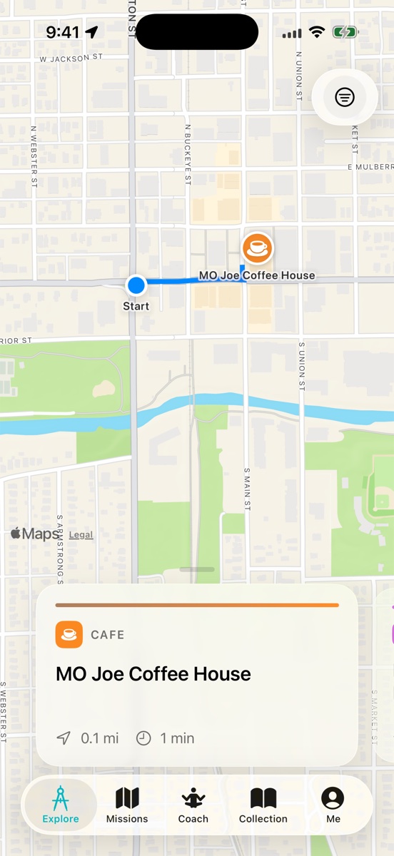 Explore tab showing a map with a route to a nearby coffee shop and a card at the bottom labeled MO Joe Coffee House, 0.1 mi away.
