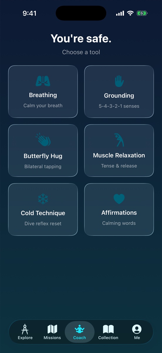 Coach tab with the header You're safe and six grounding tools: Breathing, Grounding, Butterfly Hug, Muscle Relaxation, Cold Technique, Affirmations.
