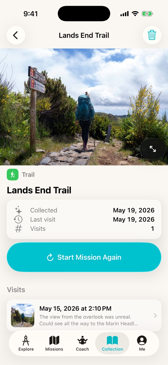 A place card for Lands End Trail showing the date collected, last visit, visit count, a Start Mission Again button, and a recent visit with a journal note.