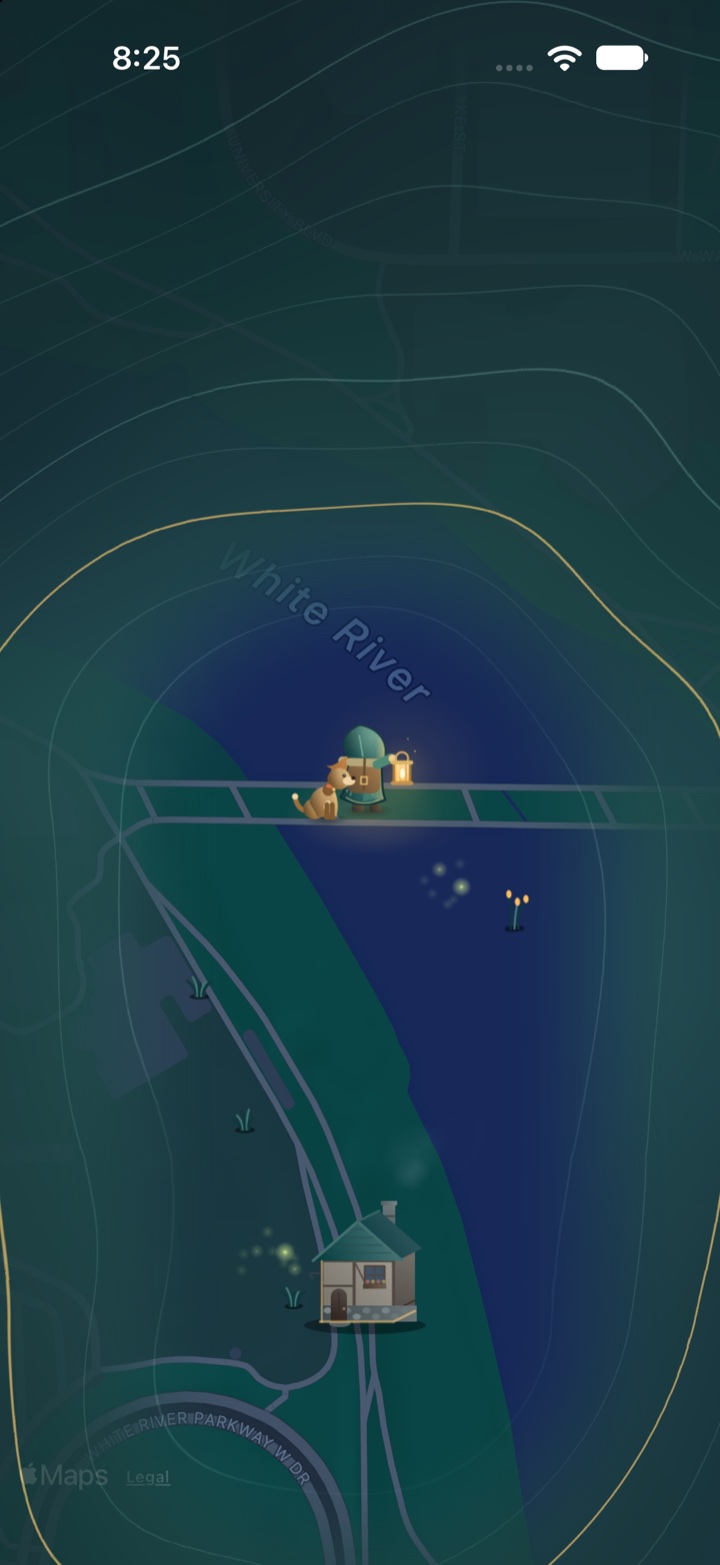 Night by a river. The traveler stands with a lantern on a bridge, a small dog sitting beside them, with a cottage below and a gold contour ringing the revealed ground.